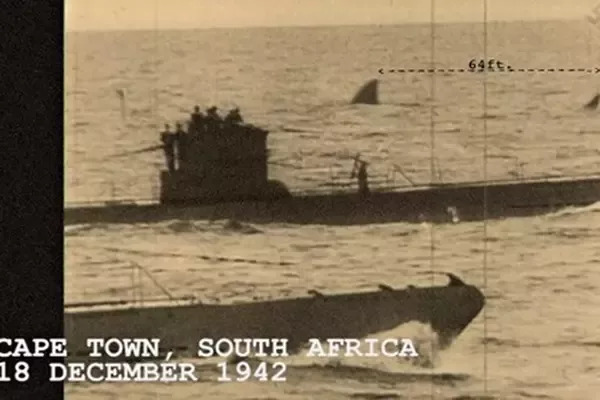A fake photo created for The Monster Shark Lives purporting to show a Megalodon shark next to a u-boat.